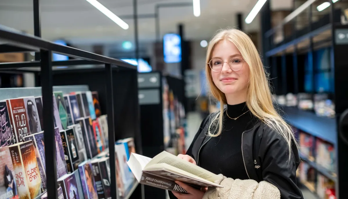 vrouw voor boekenkast