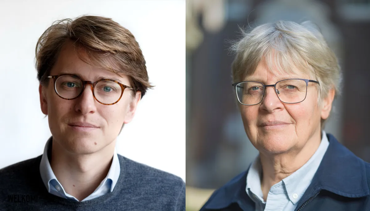 een jonge man en een oudere vrouw met een bril.