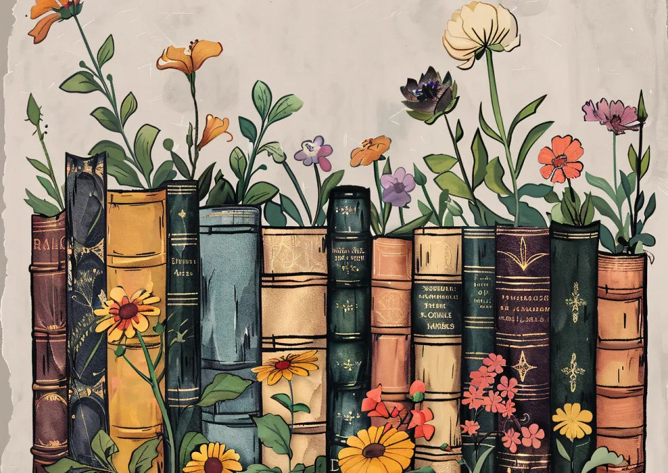 Afbeelding van getekende boekenruggen met daarop bloemen