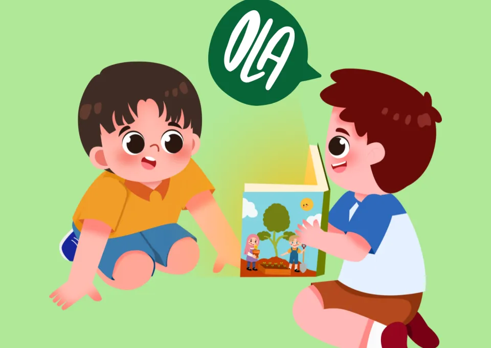 Twee kindjes die een boekje lezen, met een tekstballon erbij