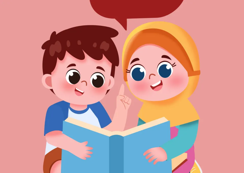 Twee kindjes die een boekje lezen, met een tekstballon erbij