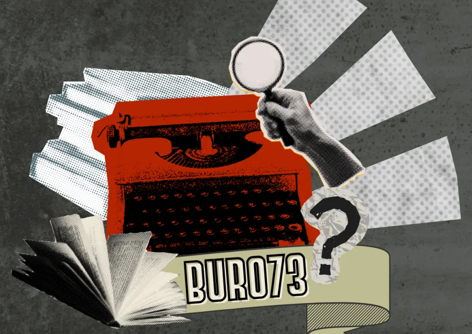 collage met typemachine, vergrootglas, boeken en opengeslagen boek