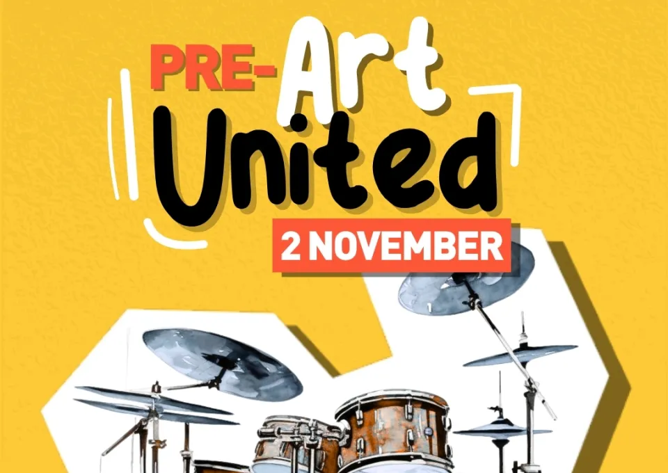 drumstel met tekst pre art united 2 november gele achtergrond 