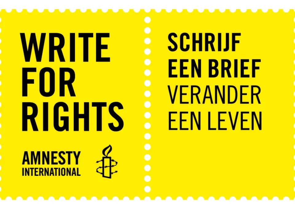 Afbeelding Amnesty international - gele afbeelding met zwarte letters tekst