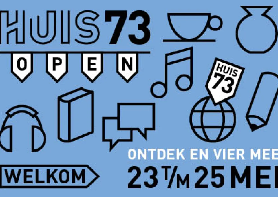 Afbeelding opening. Blauwe achtergrond met zwarte iconen