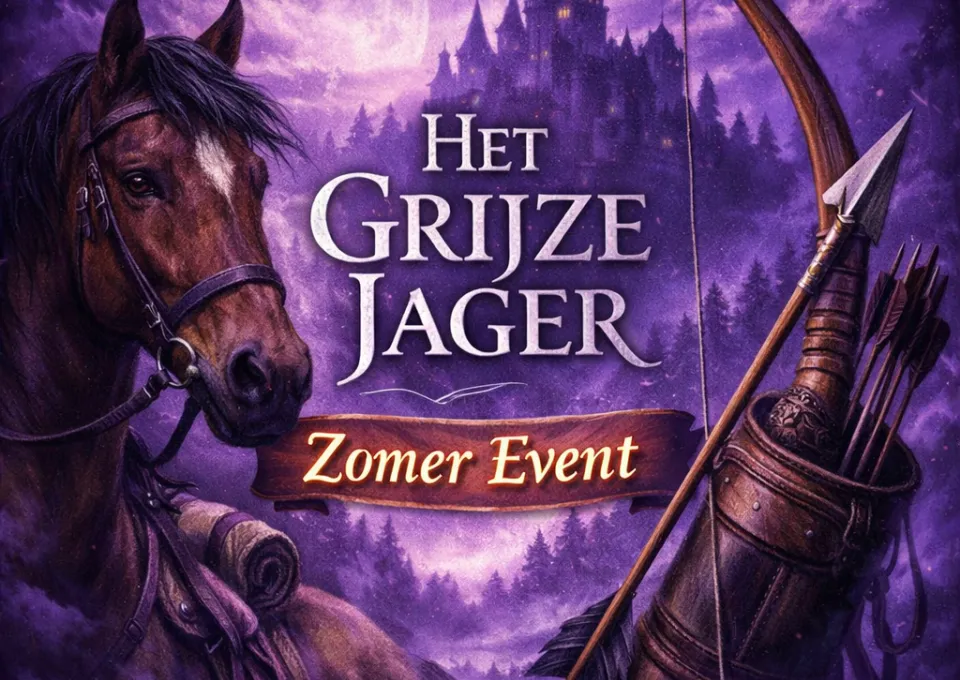 Paarse afbeelding met een paard, pijl en boog en middeleeuws kasteel
