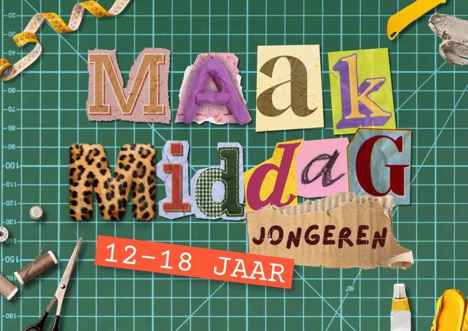 groene snijmat met materialen en tools en de tekst maakmiddag jongeren 12-18 jaar