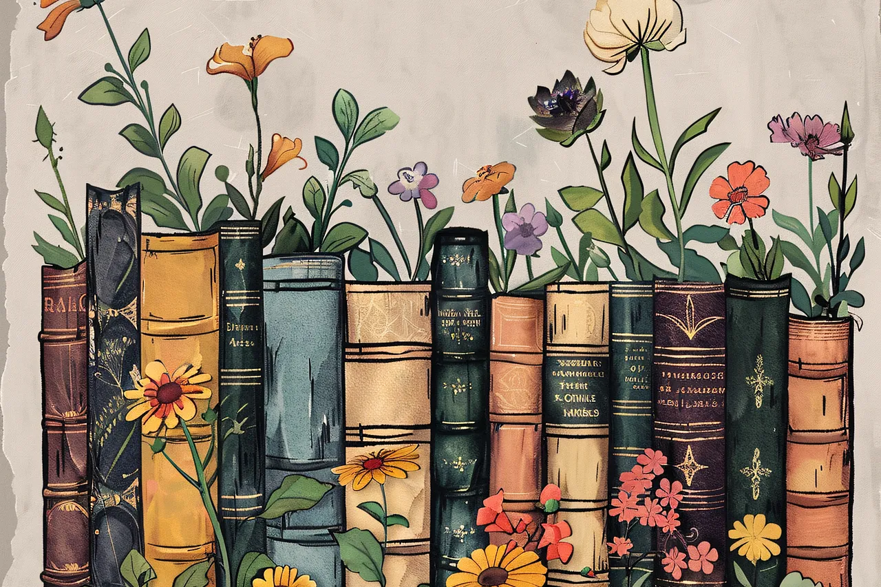 Afbeelding van getekende boekenruggen met daarop bloemen