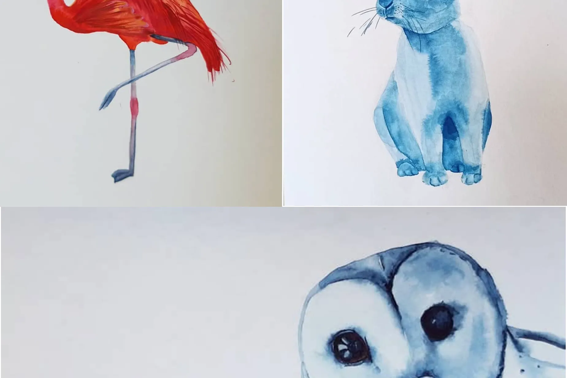 Collage met flamingo konijn en uil geschilderd met aquarelverf