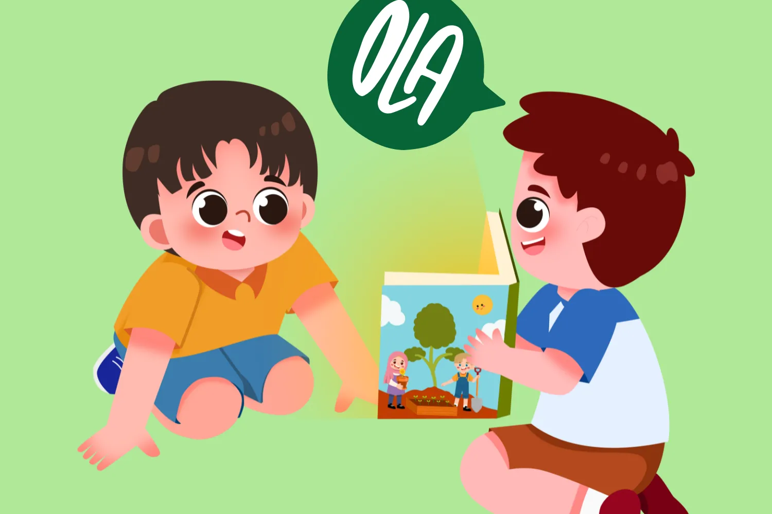 Twee kindjes die een boekje lezen, met een tekstballon erbij