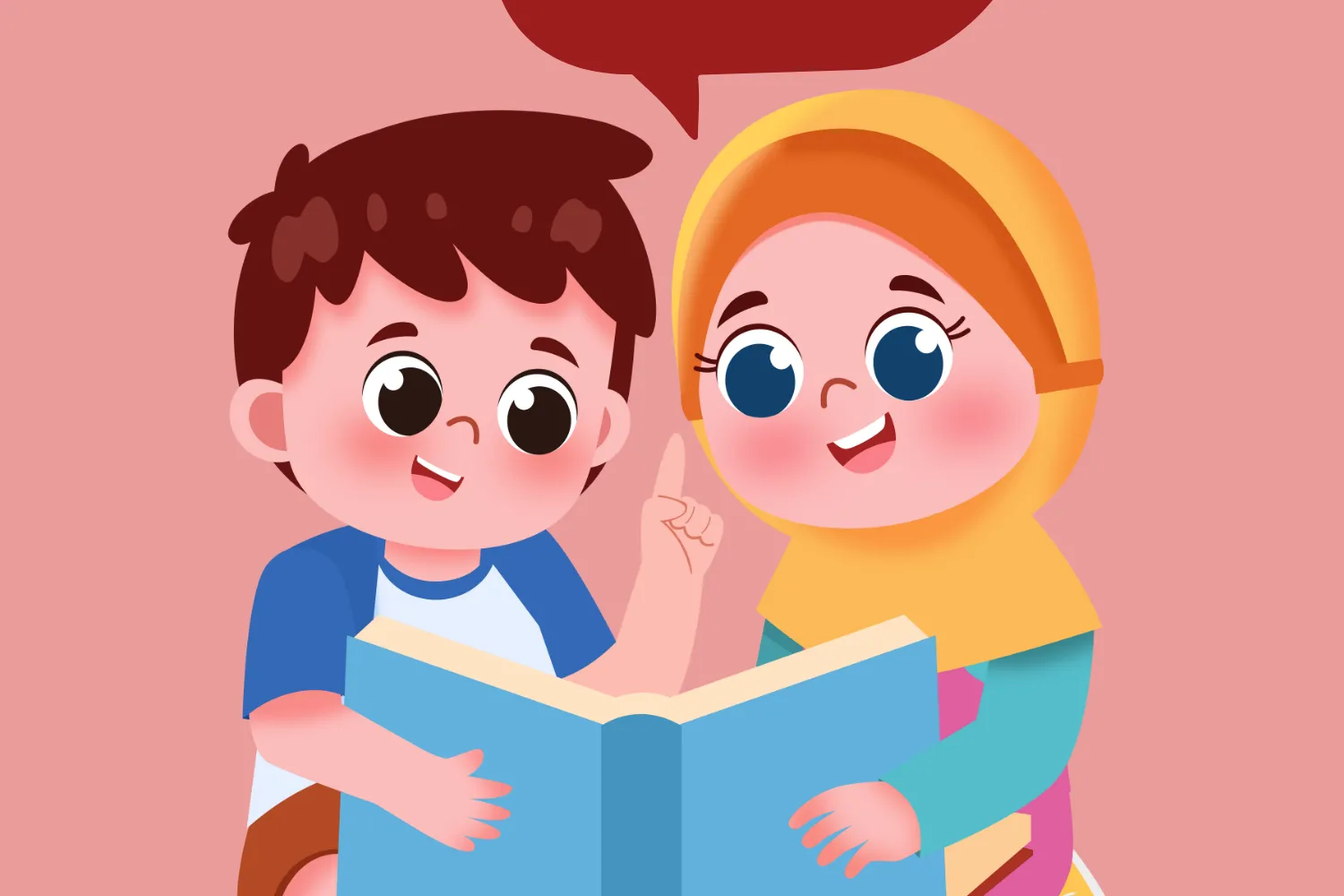 Twee kindjes die een boekje lezen, met een tekstballon erbij