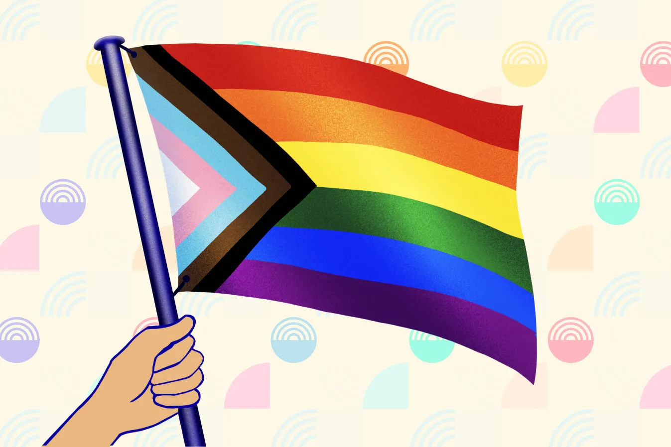 Queer vlag LGBTQI+++ vlag in een hand.