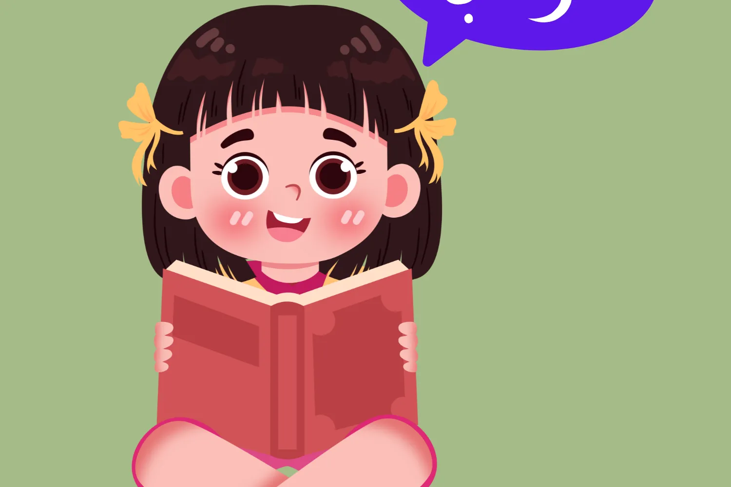 Kind met boek in handen, tekstballon Arabisch 'hallo'