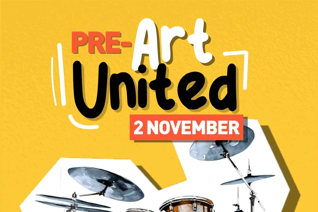 drumstel met tekst pre art united 2 november gele achtergrond