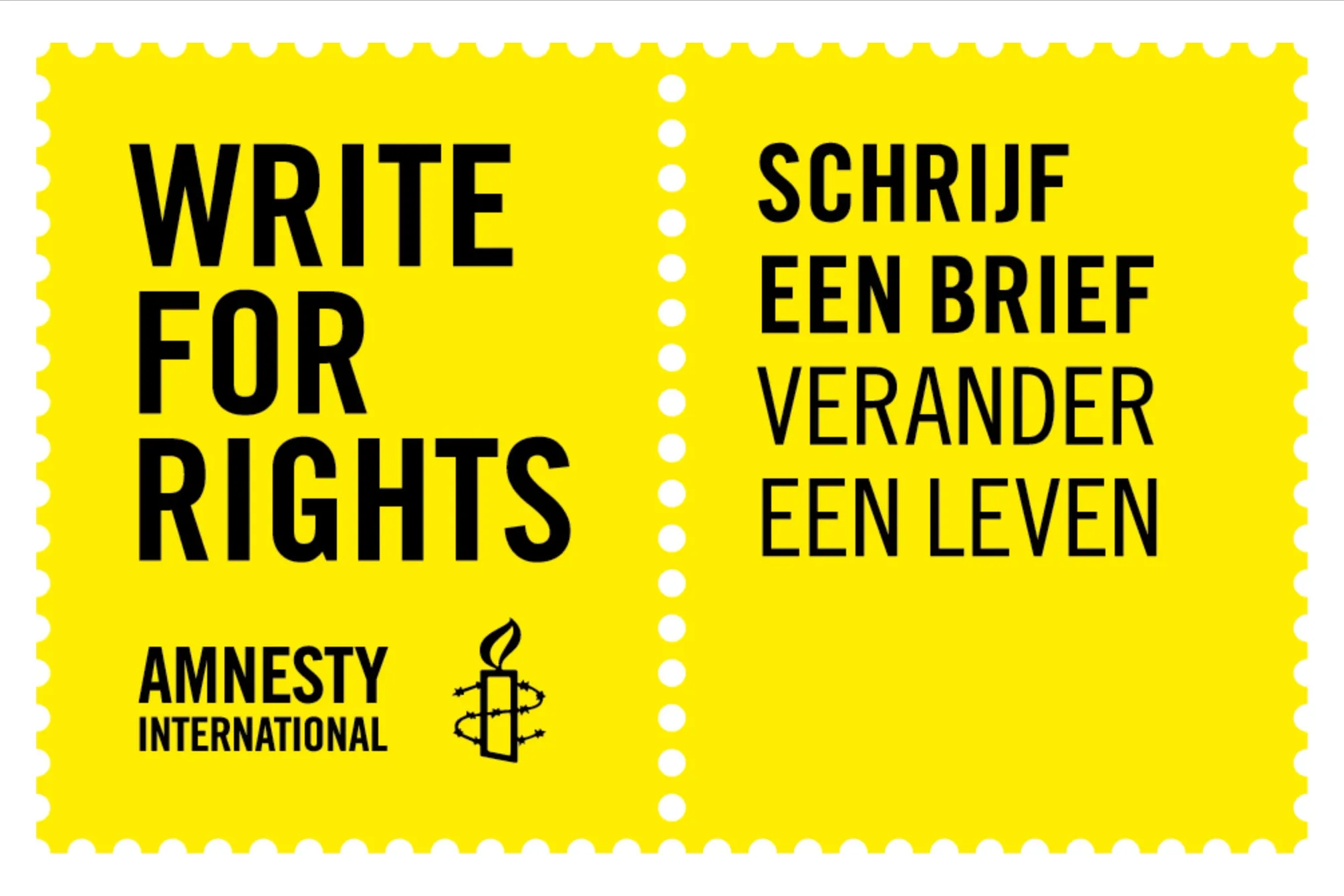 Afbeelding Amnesty international - gele afbeelding met zwarte letters tekst