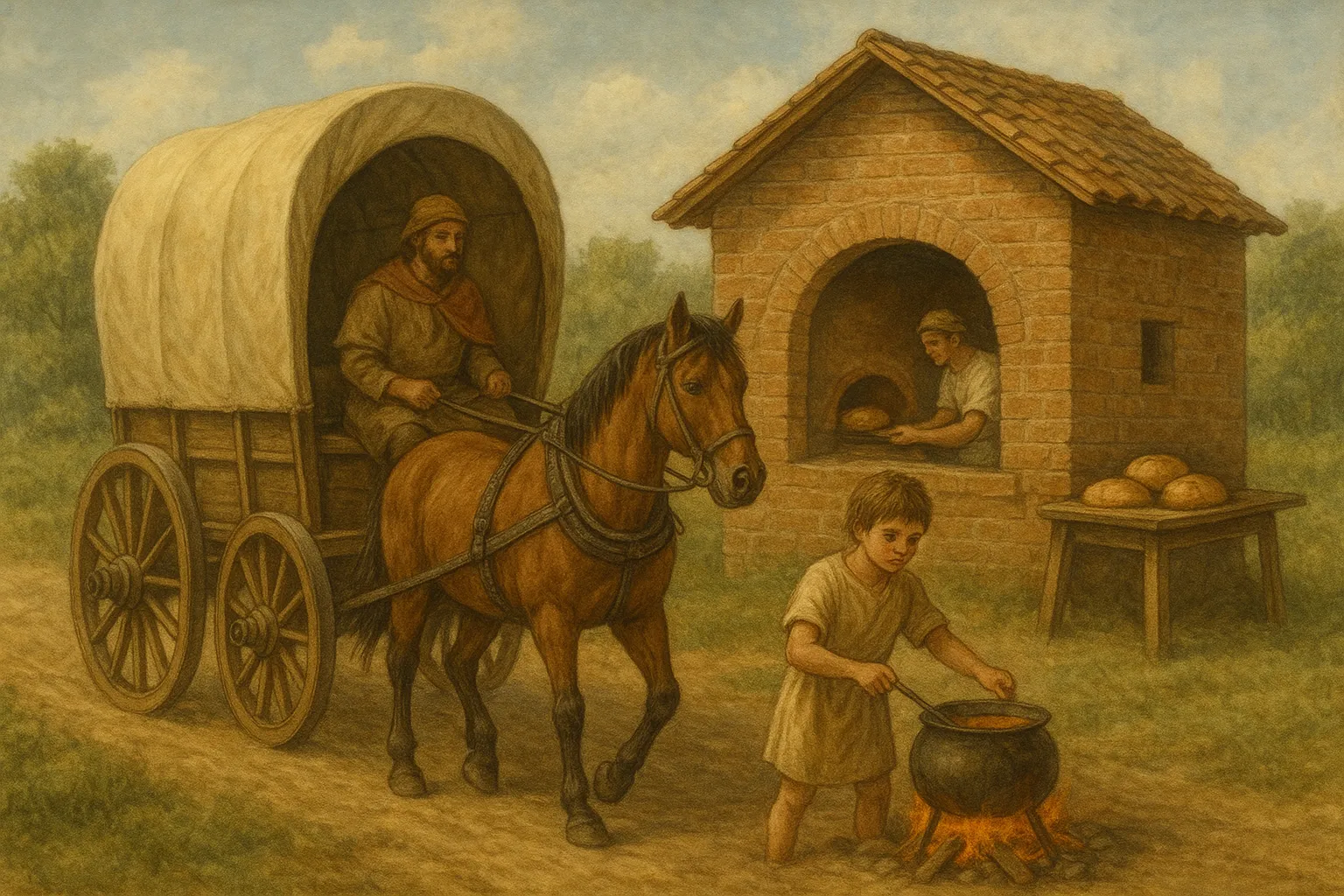 Romeinse huifkar met bakhuisje en soepketel