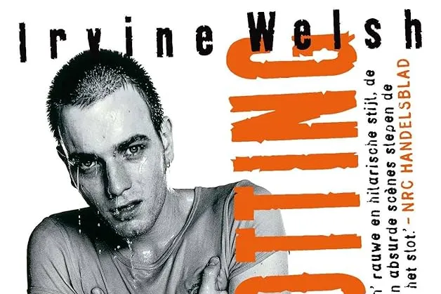 Cover Trainspotting - witte achtergrond met man op voorgrond. 