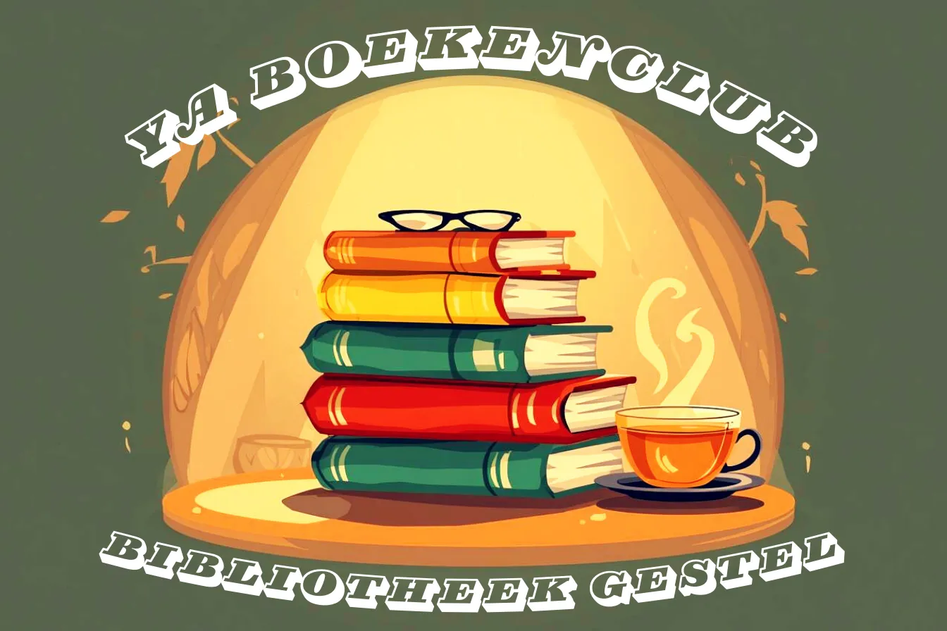 Een logo voor een young adult boekenclub in sint-michielsgestel. Er staat een stapelboeken met een kopje thee.