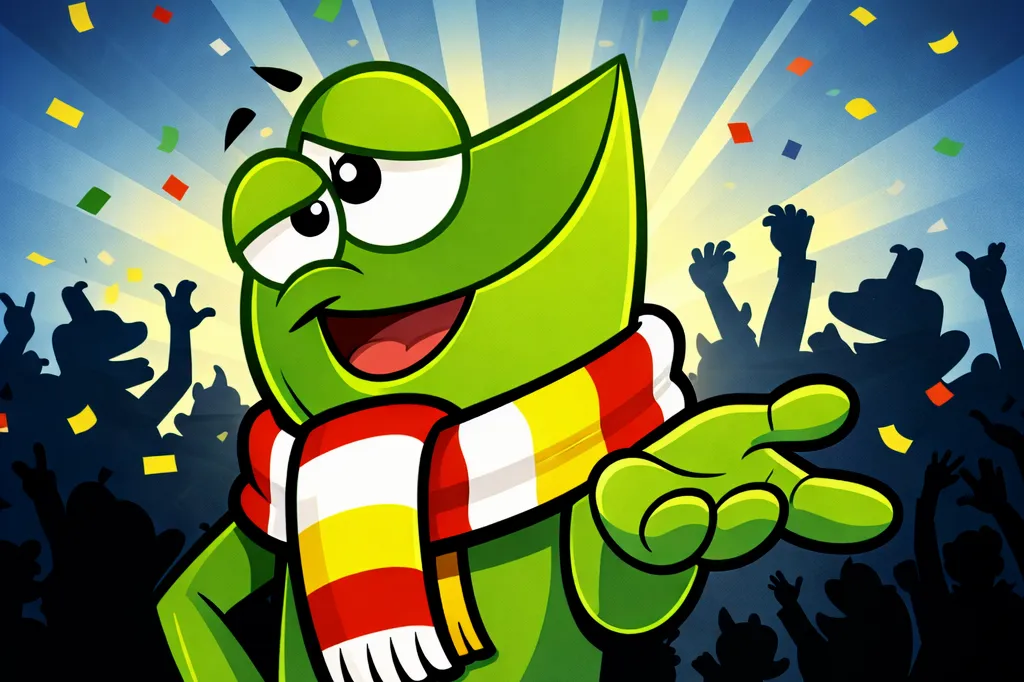 Oetel kikker met Oeteldonkse sjaal wenkt om mee te komen