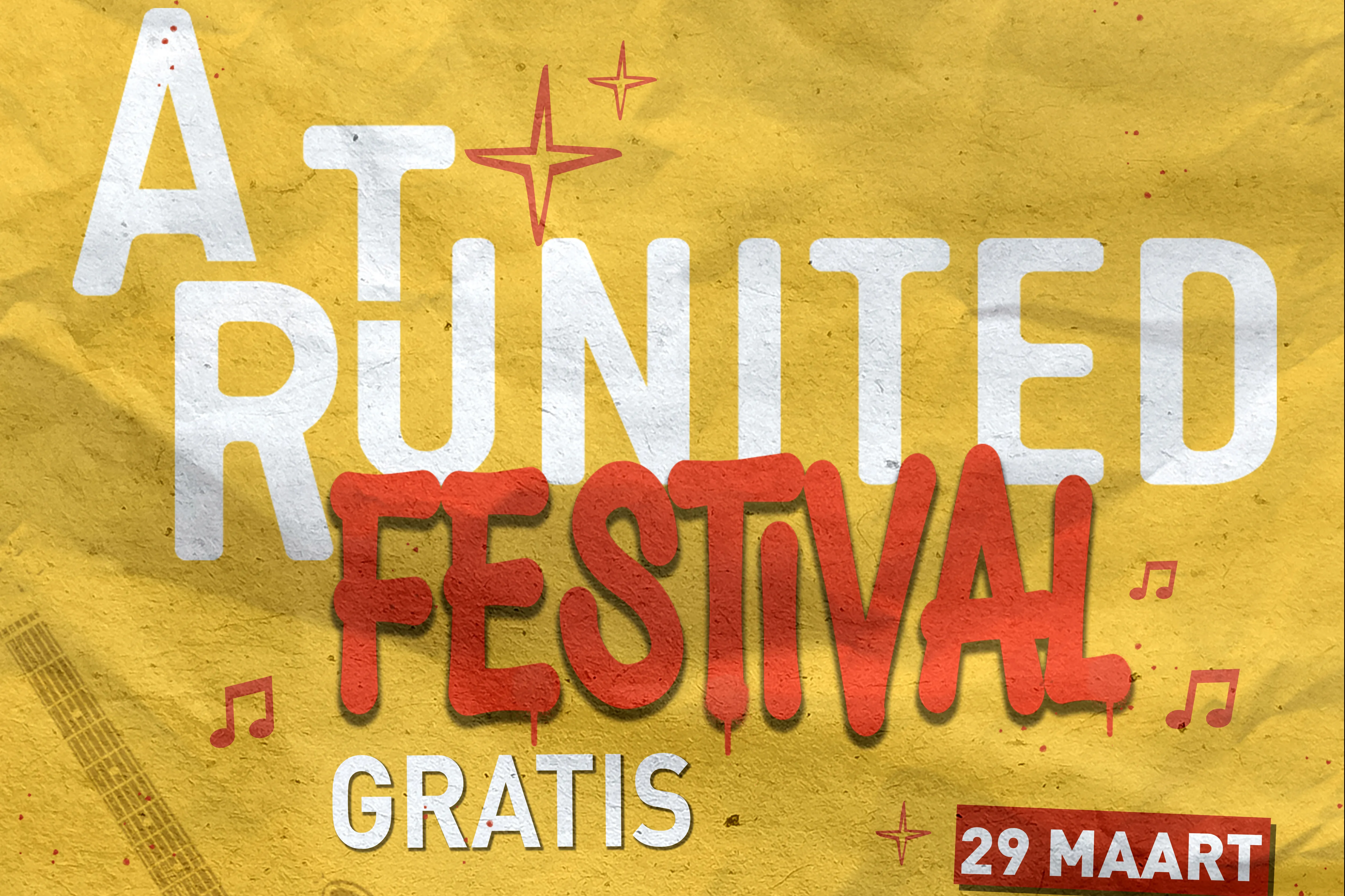 geel met rode poster aankondiging art united festival jongeren 2026 gratis 