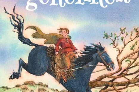 Hoofdpersoon rat zit op een zwart paard in een bos