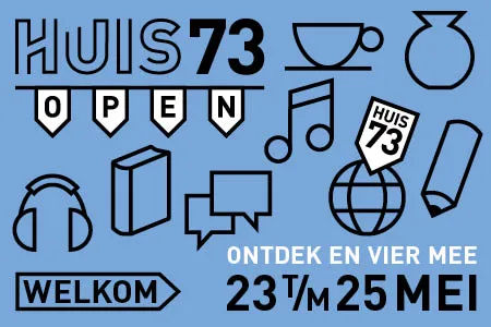 Afbeelding opening. Blauwe achtergrond met zwarte iconen