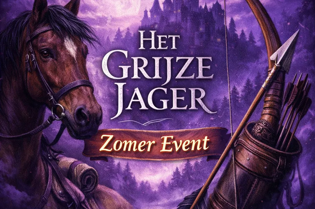 Paarse afbeelding met een paard, pijl en boog en middeleeuws kasteel