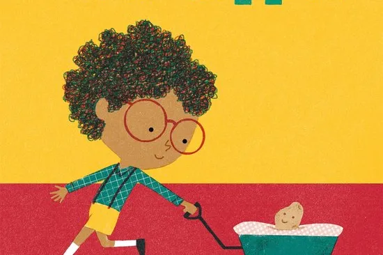 Prent van jongetje Aron met in zijn kruiwagentje een aardappel, zijn nieuwe huisdier