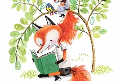 Prentenboekfiguren August de vos en Suus de eekhoorn lezen boek