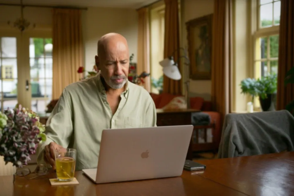 Een man zit aan een houten tafel in een lichte, gezellige woonkamer. Hij kijkt geconcentreerd naar een open laptop voor zich. Naast de laptop staat een glas thee op een onderzetter en ligt een smartphone. De man heeft een kalende schedel en draagt een lichtgroen overhemd.  Op de tafel staat ook een vaas met bloemen. Achter hem zie je een warm ingerichte kamer met grote ramen waar daglicht binnenvalt, beige gordijnen, een bank met kussens en een staande lamp. Door een glazen deur is buiten een tuin of binnen