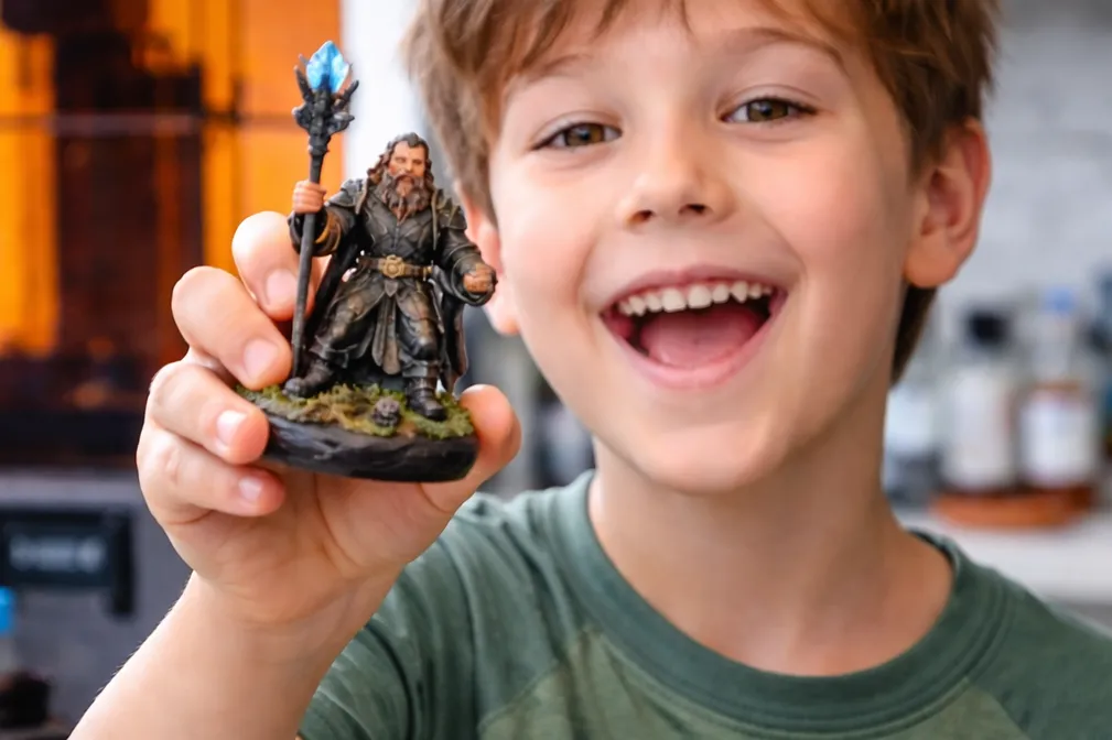 jongen met 3D resin miniatuur in zijn hand