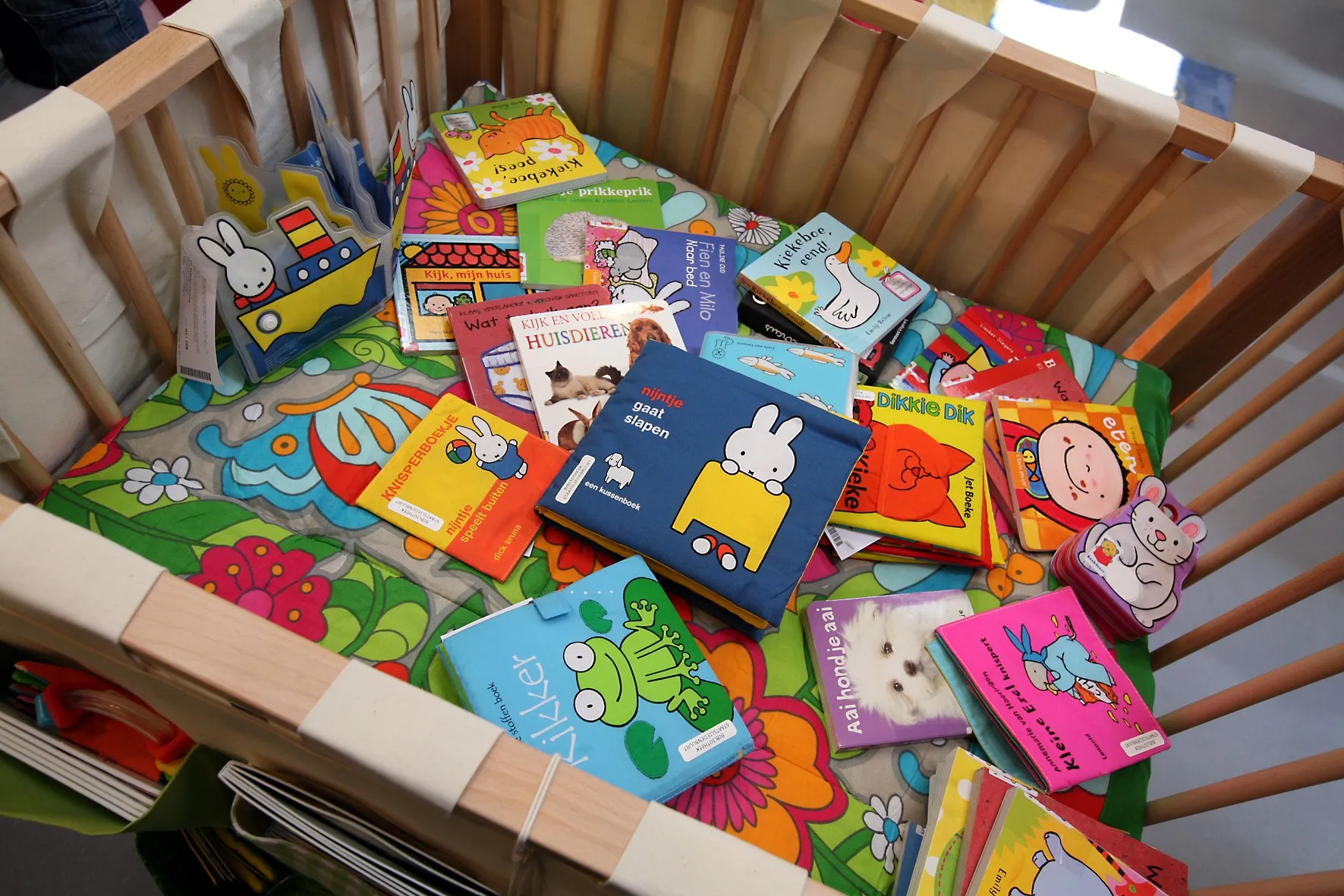 Foto van allerlei babyboekjes in een box
