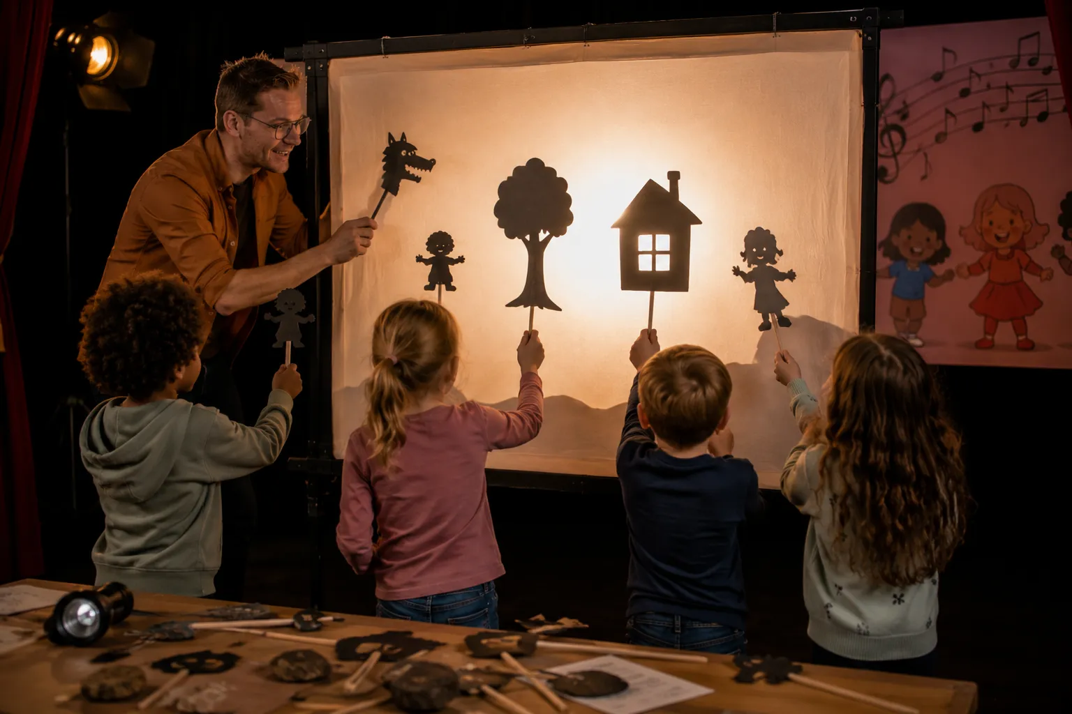 Theaterdocent speelt schaduwspel met vier kinderen