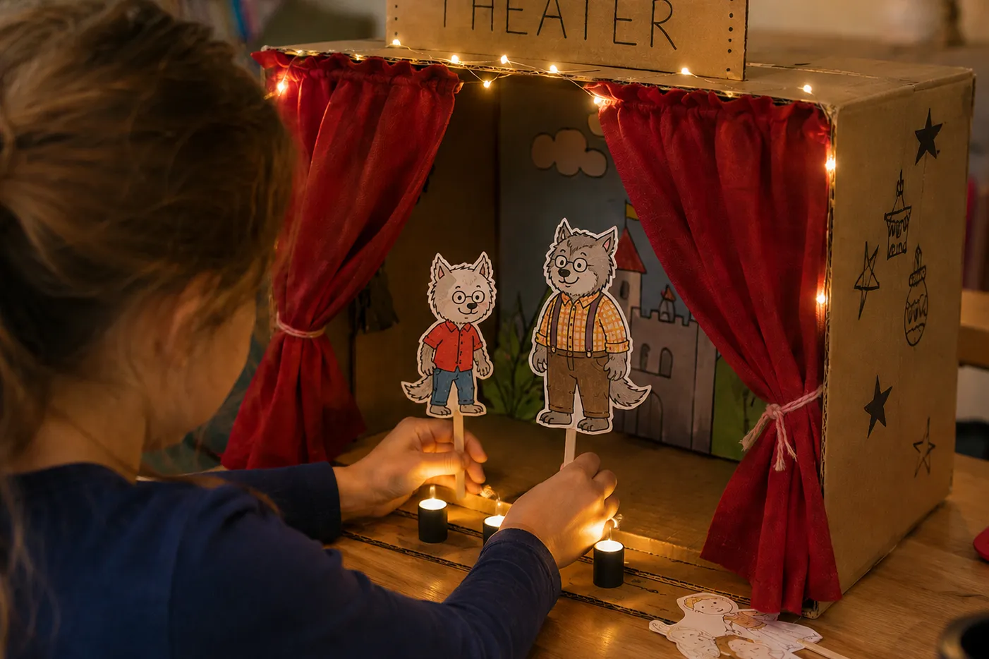 kind maakt van kartonnen doos een theater met dolfje weerwolfje