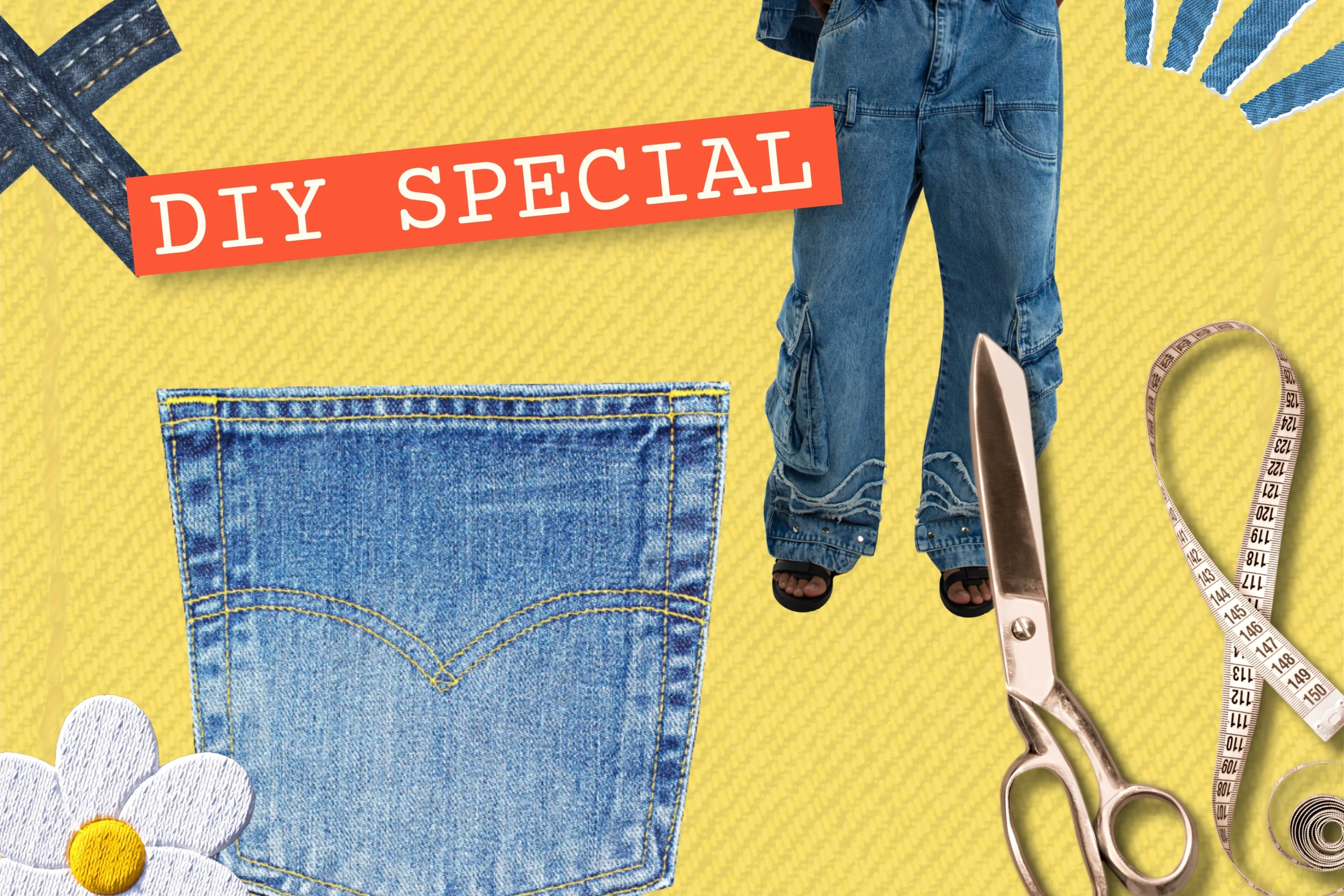 collage van jeans en scharen en tekst diy special 