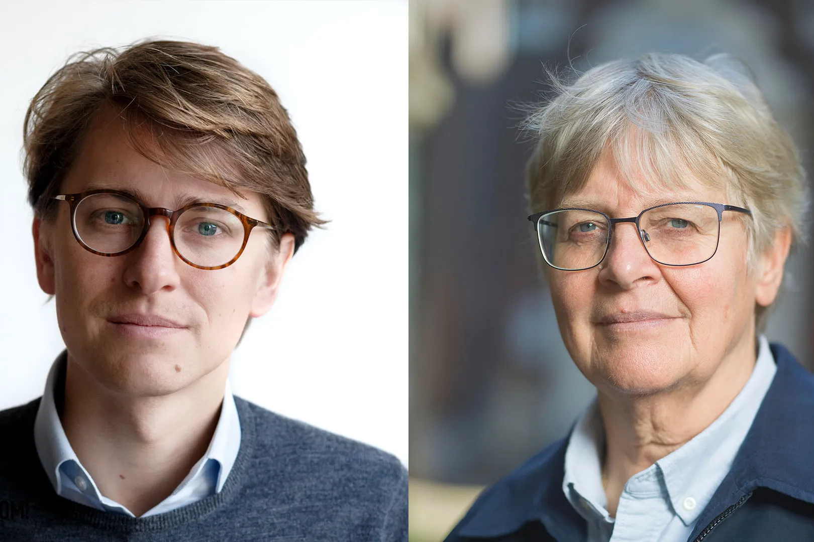 een jonge man en een oudere vrouw met een bril.