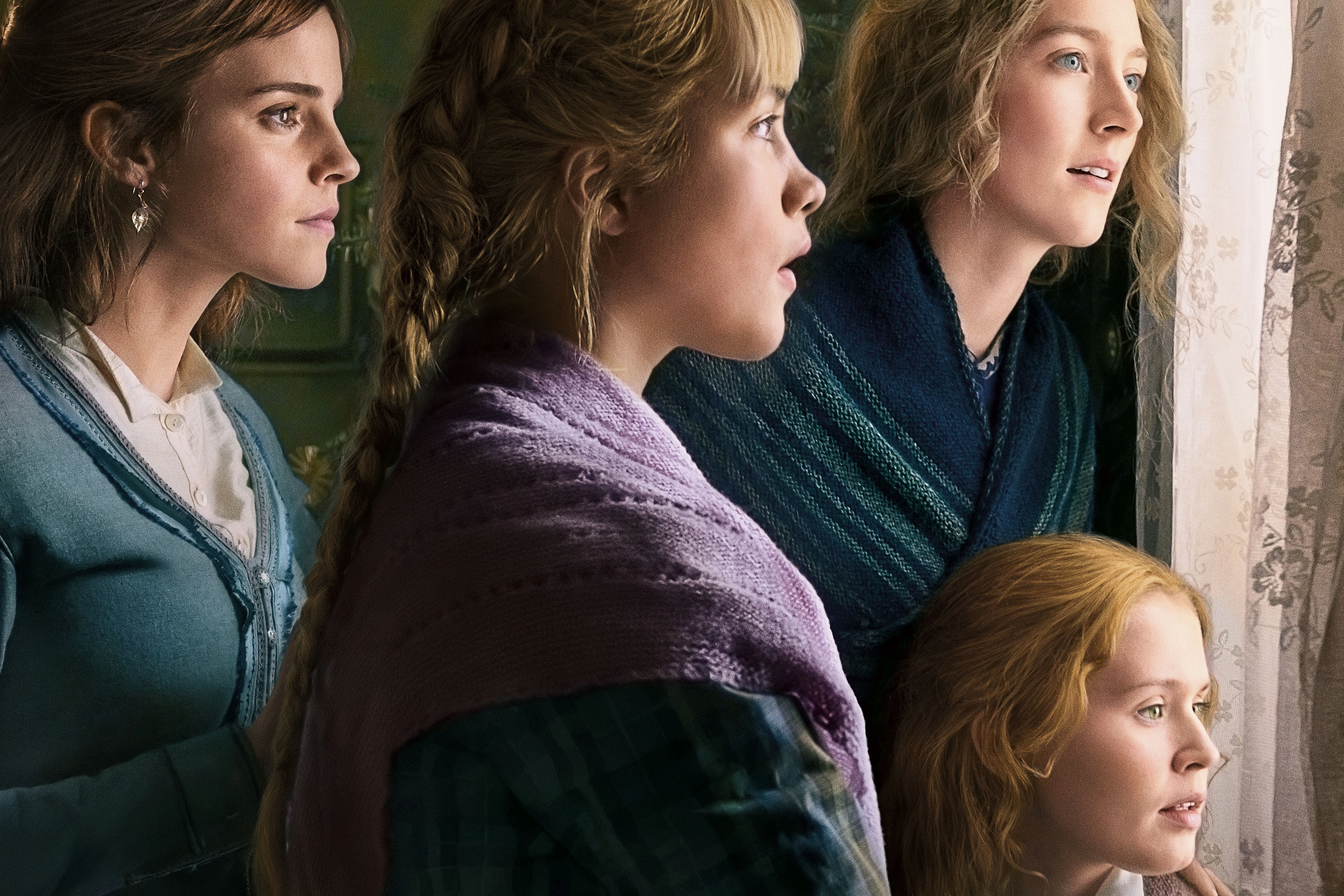 Filmposter little women, 4 meisjes die uit een raam kijken. 
