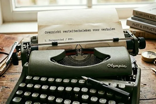 Ouderwetse zwarte typemachine met daarin een wit papier
