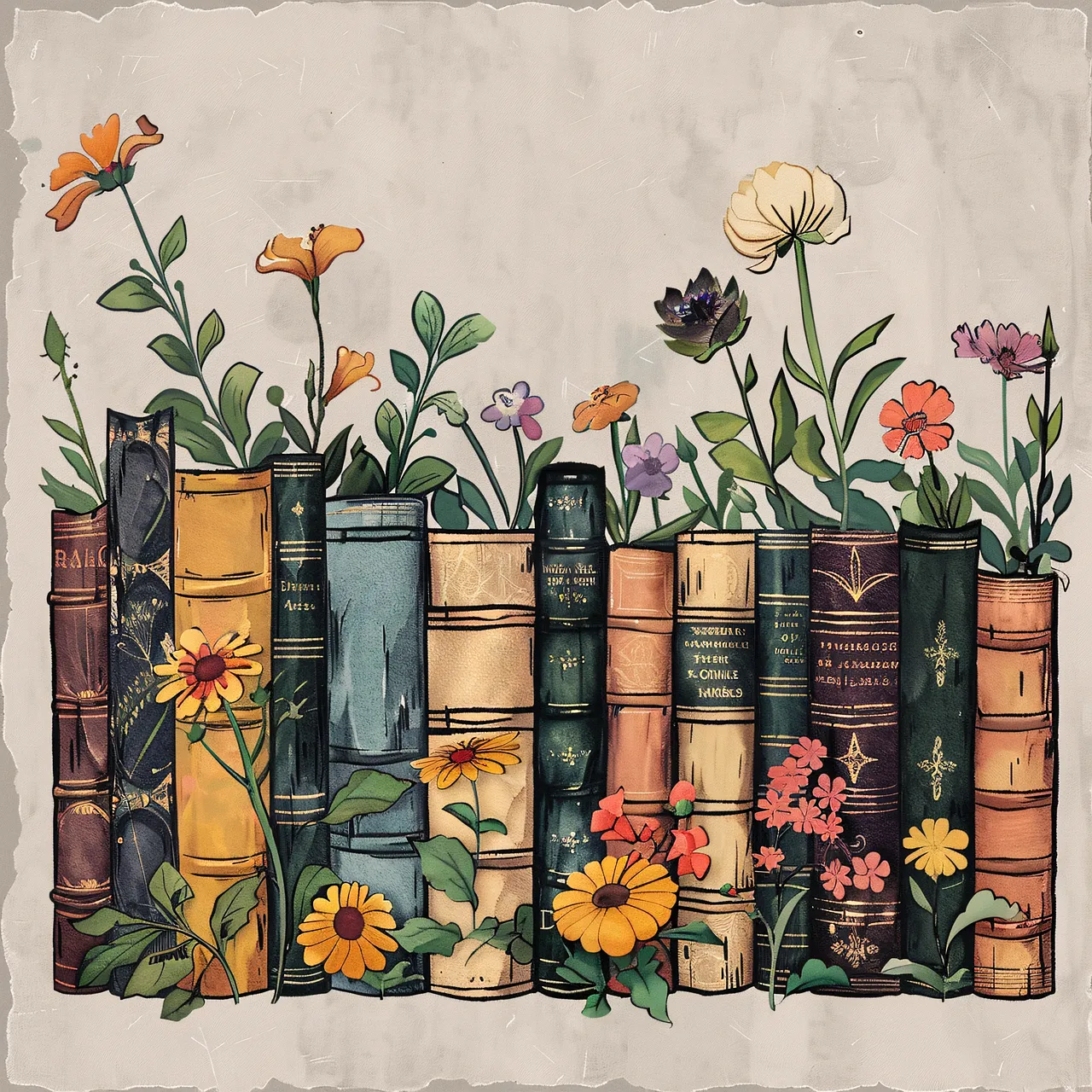 Afbeelding van getekende boekenruggen met daarop bloemen