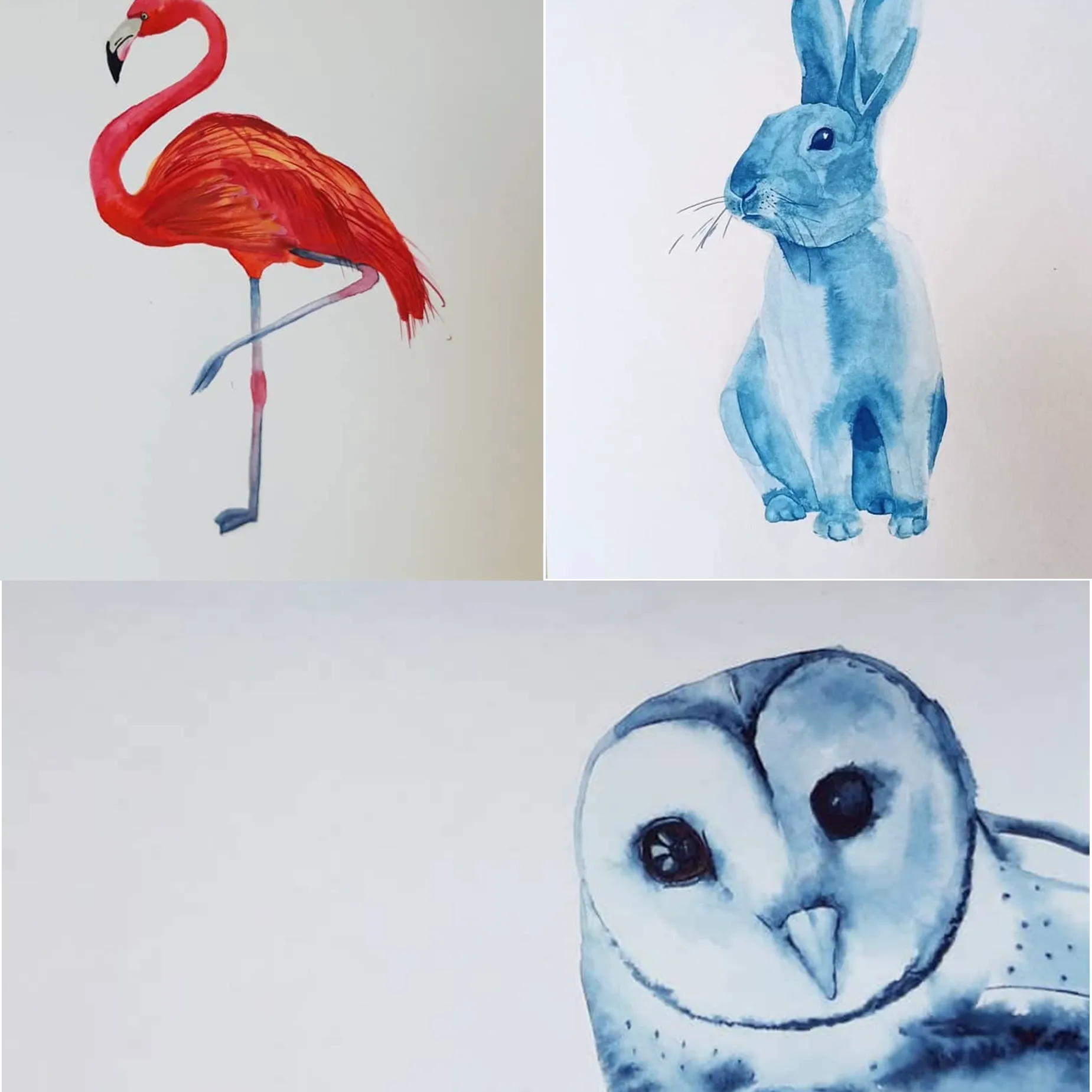 Collage met flamingo konijn en uil geschilderd met aquarelverf