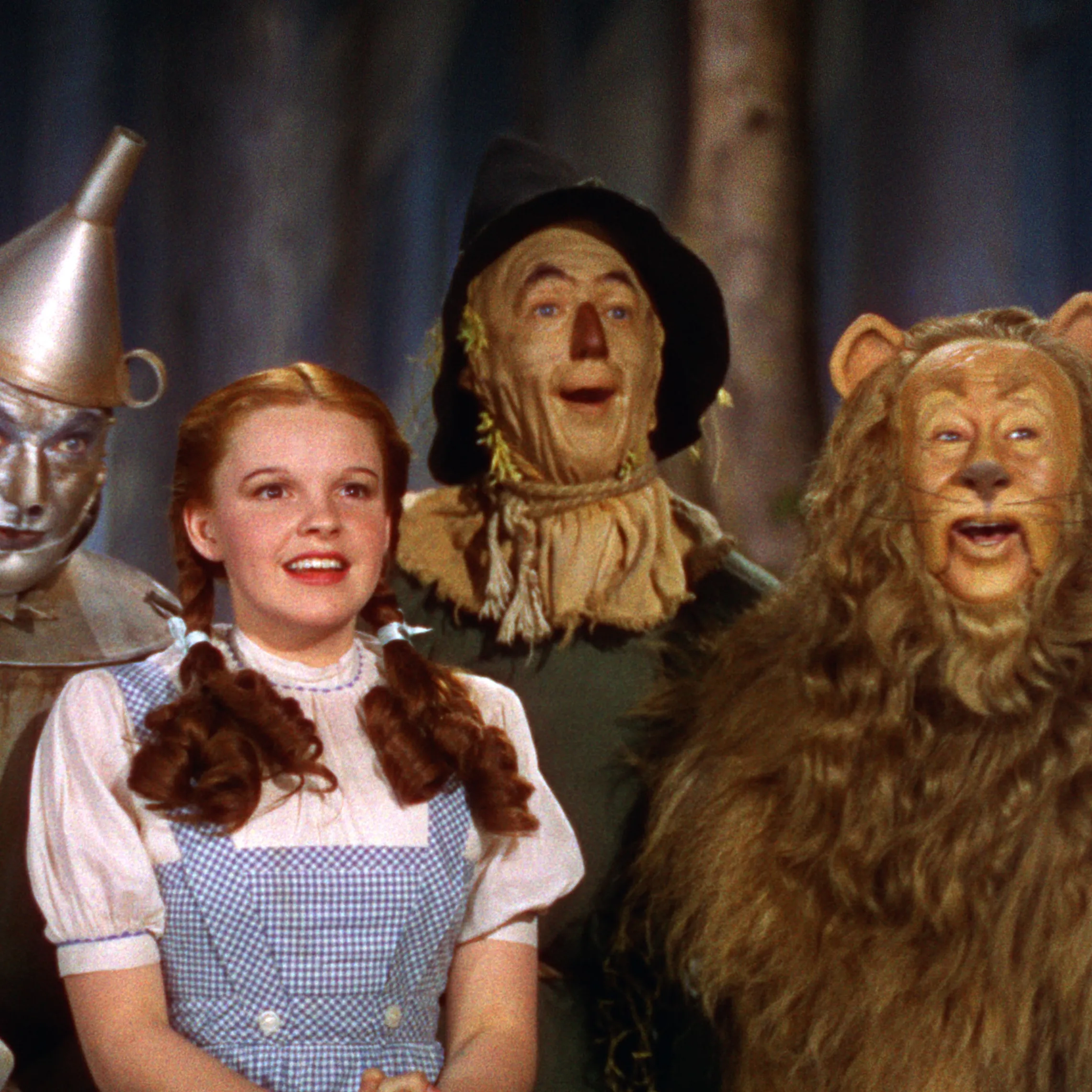 de vier hoofdpersonages van de wizard of oz kijken vrolijk