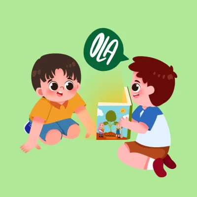 Twee kindjes die een boekje lezen, met een tekstballon erbij