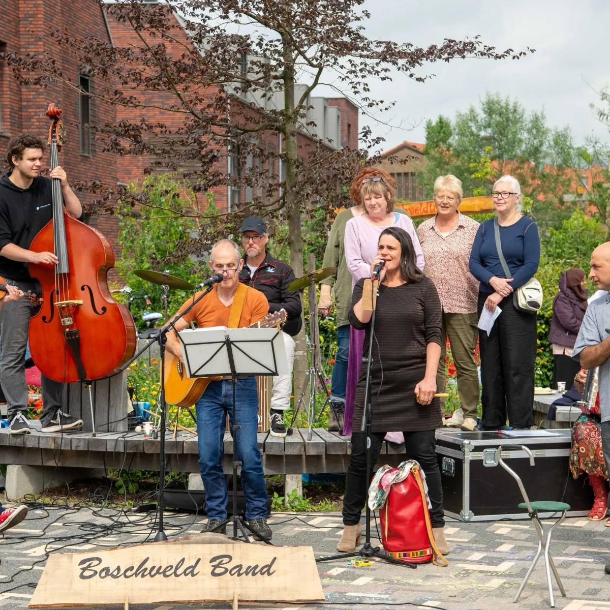 Bandleden van Boschveldband buiten aan het spelen op instrumenten