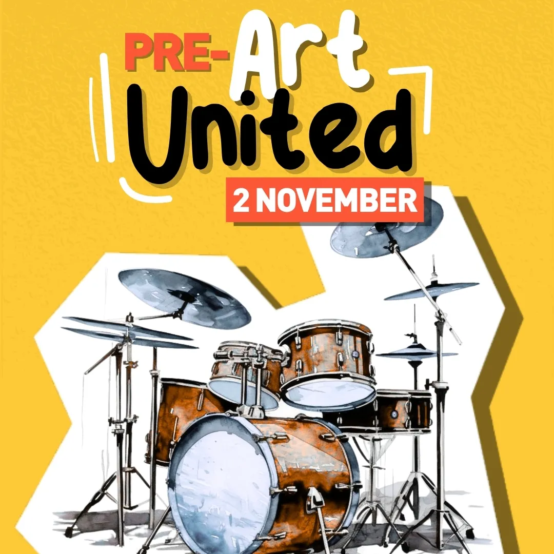 drumstel met tekst pre art united 2 november gele achtergrond 
