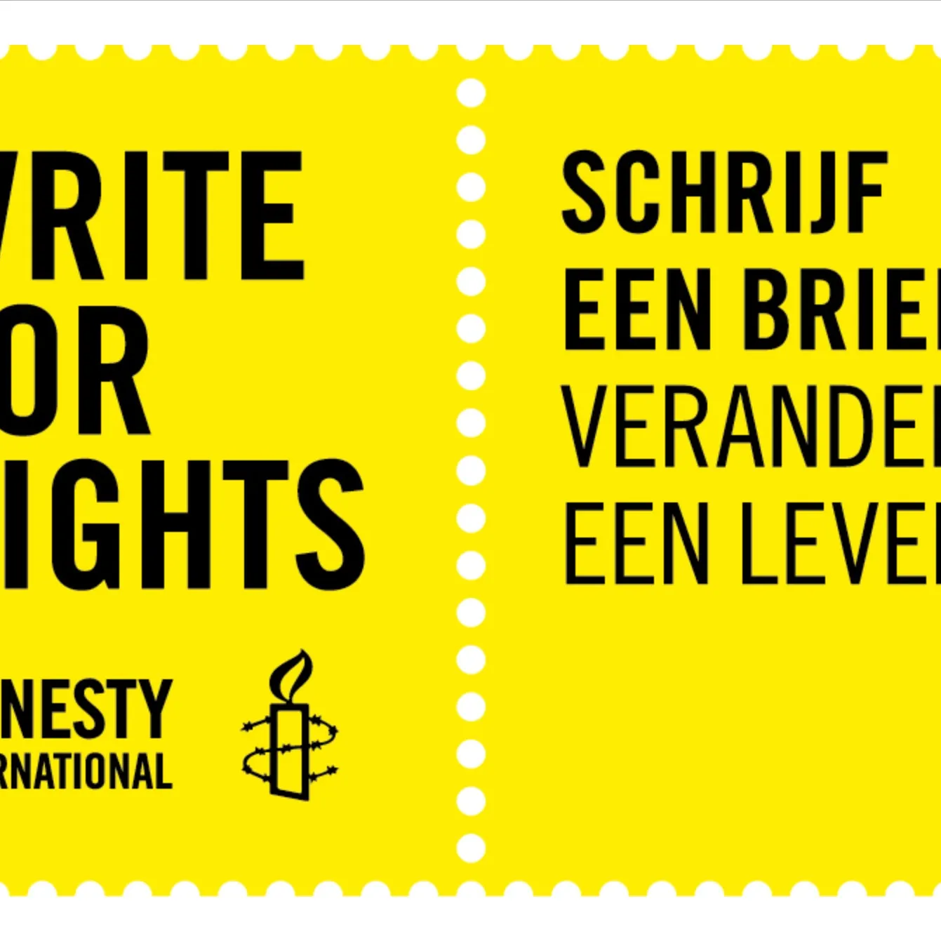 Afbeelding Amnesty international - gele afbeelding met zwarte letters tekst