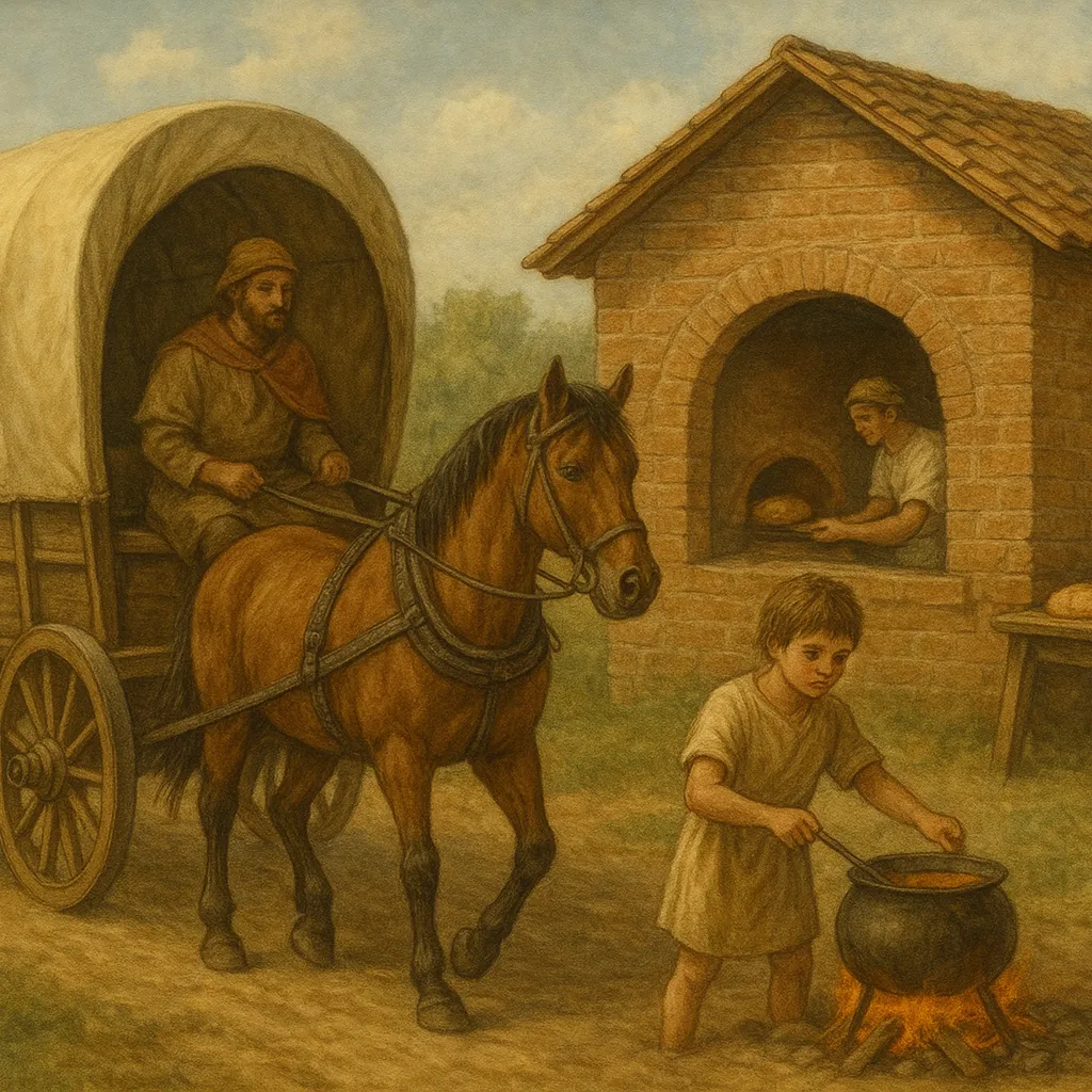 Romeinse huifkar met bakhuisje en soepketel