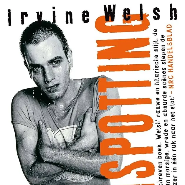 Cover Trainspotting - witte achtergrond met man op voorgrond. 