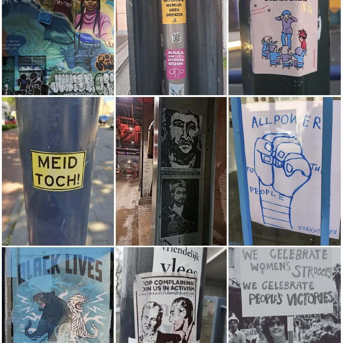 activistische stickers op straatmeubilair 