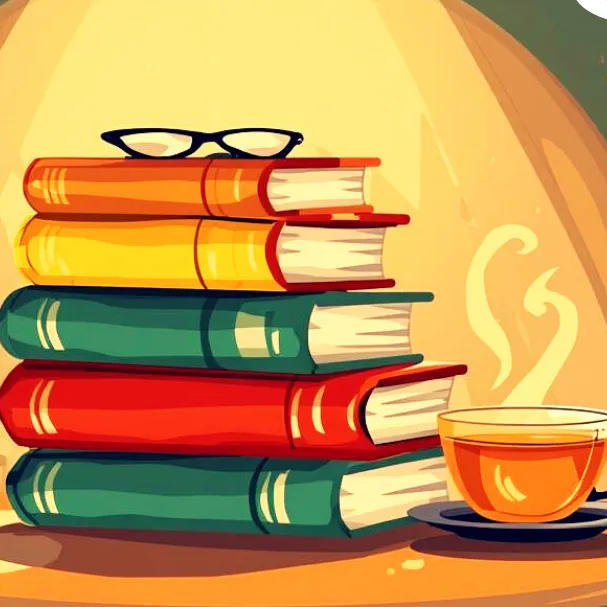 Een logo voor een young adult boekenclub in sint-michielsgestel. Er staat een stapelboeken met een kopje thee.