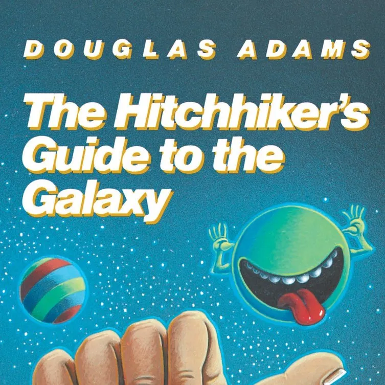 Cover van het boek Hitchhiker's guide to the galaxy. Een ruimteachtergrond met op de voorgrond een duim en een planeet. 